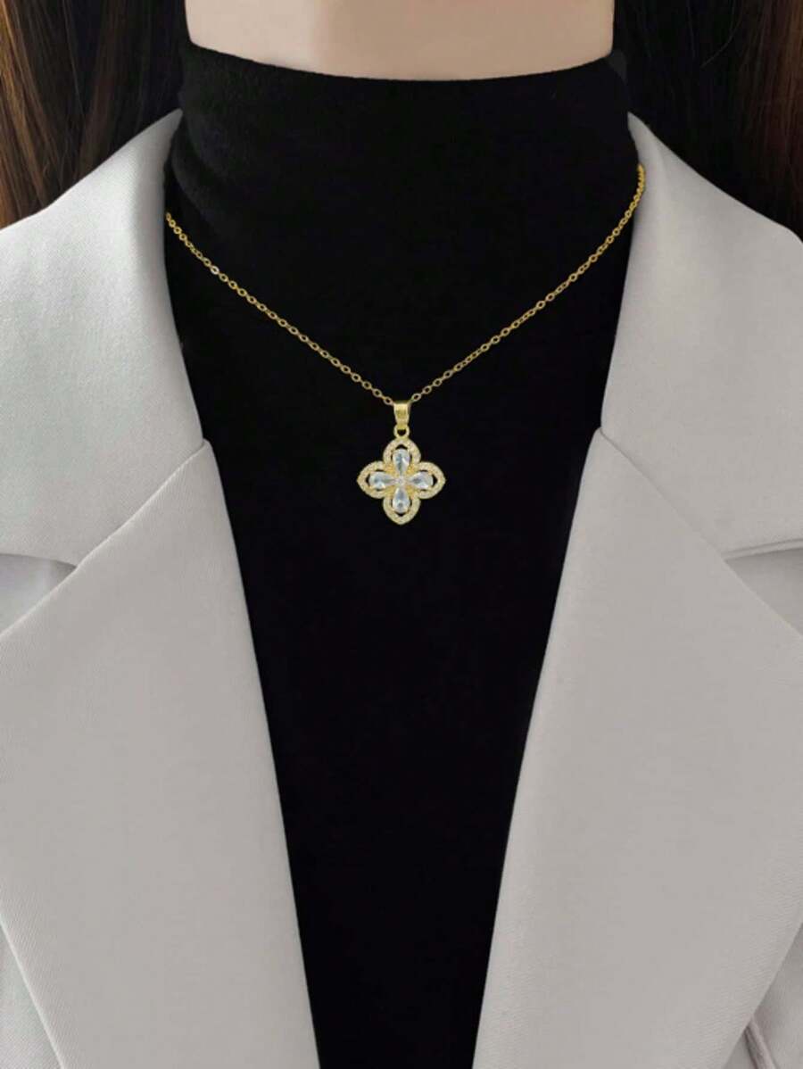 A Set Of Stainless Steel Chain Necklace Earrings Set, Light Luxury Full Of Sparkling Rhinestones Classic And Versatile Personalized Elegant Banquet Earrings Necklace Group Gift, Excluding Gift Box(Gift Box For Photography Only)