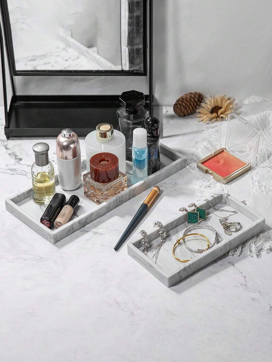 2 Packungen weiße Marmor Silikon Badezimmer Waschtisch Schmuckablage Rechteckig Set, bruchsichere flexible Badezimmer Ablage für Ketten, Schmuck, Kerzen, Make-up, Parfüm, Schlüssel, Seifenspender, Aufbewahrung/Organisation für Damen, Reise-Essentials, Rückkehr in den Studentenwohnheim