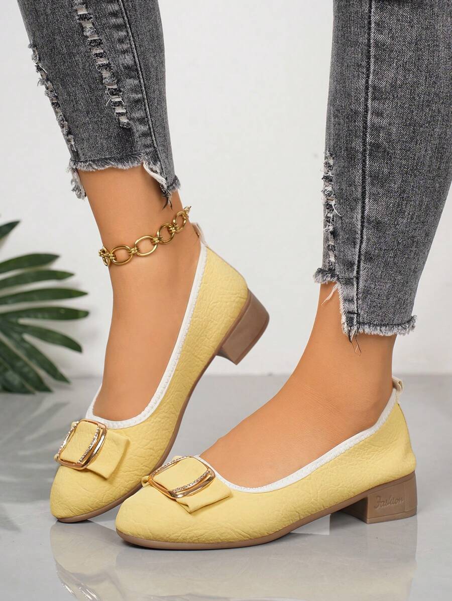 Mocasines cómodos y suaves con suela minimalista y elegante para mujer, en estilo retro, con lazo, hebilla metálica y tacón bajo, zapatos aptos para todas las estaciones