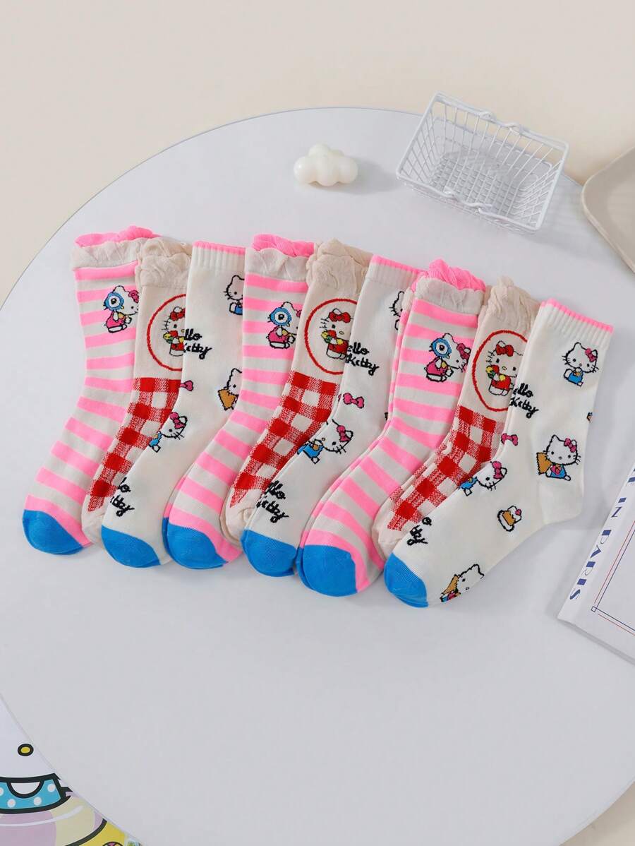 Sanrio 3/6/9 Pares de Meias Femininas com Listras, Xadrez, Renda, Estampa do Personagem Sanrio Hello Kitty, Estilo Fofo e Doce de Escola, Respiráveis, Cano Médio, Adequadas para Todas as Estações