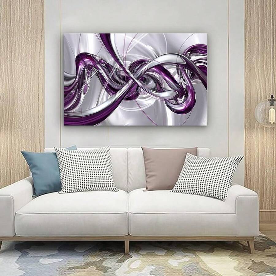 Framed Purple Wall Art - Canvas Abstract Art Living Room, Modern Silver Wall Decoration, Office Artworks, Bedroom Pictures Decorative Poster
