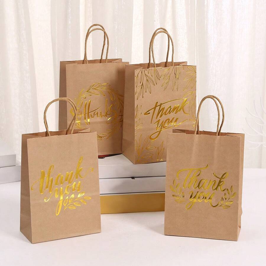 4/12/20 Stücke Geschenktüten aus Kraftpapier mit Goldfolie-Aufdruck "Danke" und Henkeln - für Hochzeit, Einkaufen, Geburtstagsfeiern, Veranstaltungen