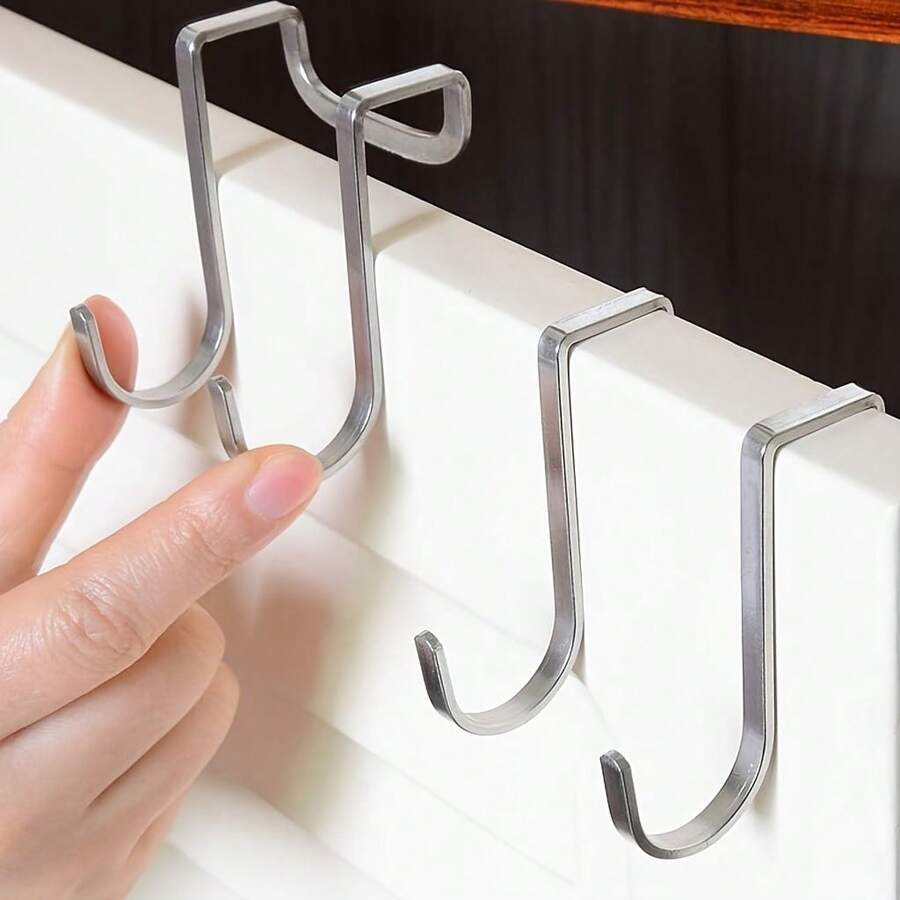 S Hooks, Over The Cabinet Door Hooks, Over Door Hanger For Kitchen,Cabinet,Closet,Bathroom,Hole-Free Towel Holder, Over Cabinet Hanging Double Prong,Silver,S Shape For Table Side Balcony Office Desk Drawer, Stainless Steel Kitchen Wardrobe Door, Bathroom, The Gift For Mother, Mother's DAY