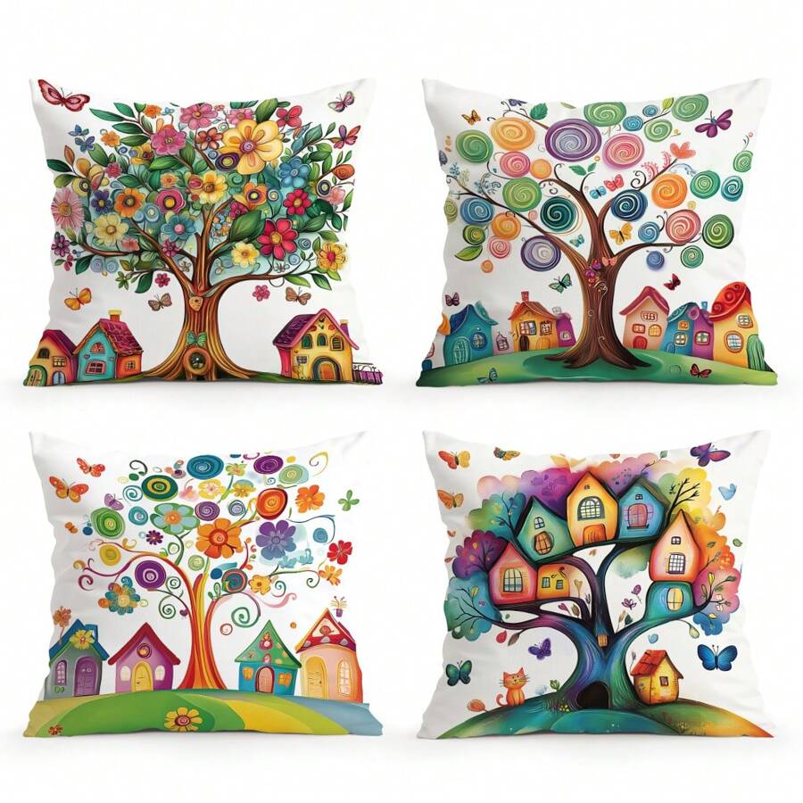 4 pièces Housses de coussin d'appoint imprimées avec arbres et maisons colorés, 45 cm*45 cm