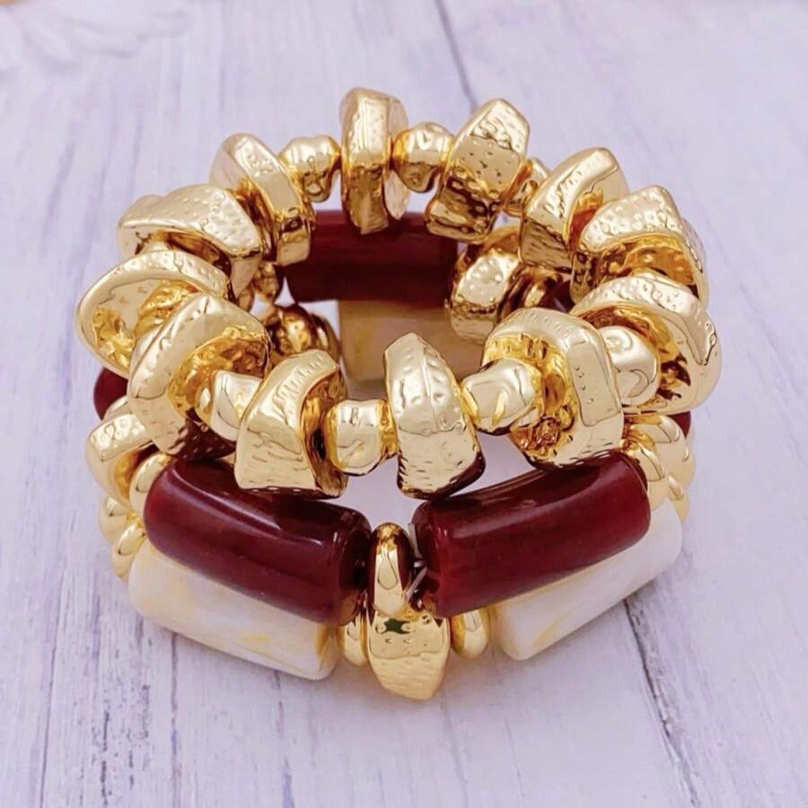 3 Stücke vintage übertriebenes mehrschichtiges braunes Acryl Perlenarmband, umwandelbar goldenes Armband aus zerbrochenen Steinen, für Frauen, Paar, Partys, Alltagsmode (Textur zufällig)