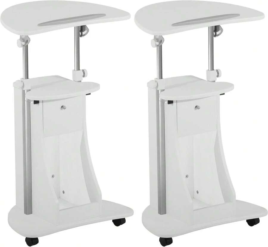 Techni Mobili Adjustable Height Rolling Laptop Cart With Storage, Sit To Stand Desk With Wheels, Podium Stand Or Medical Cart, White