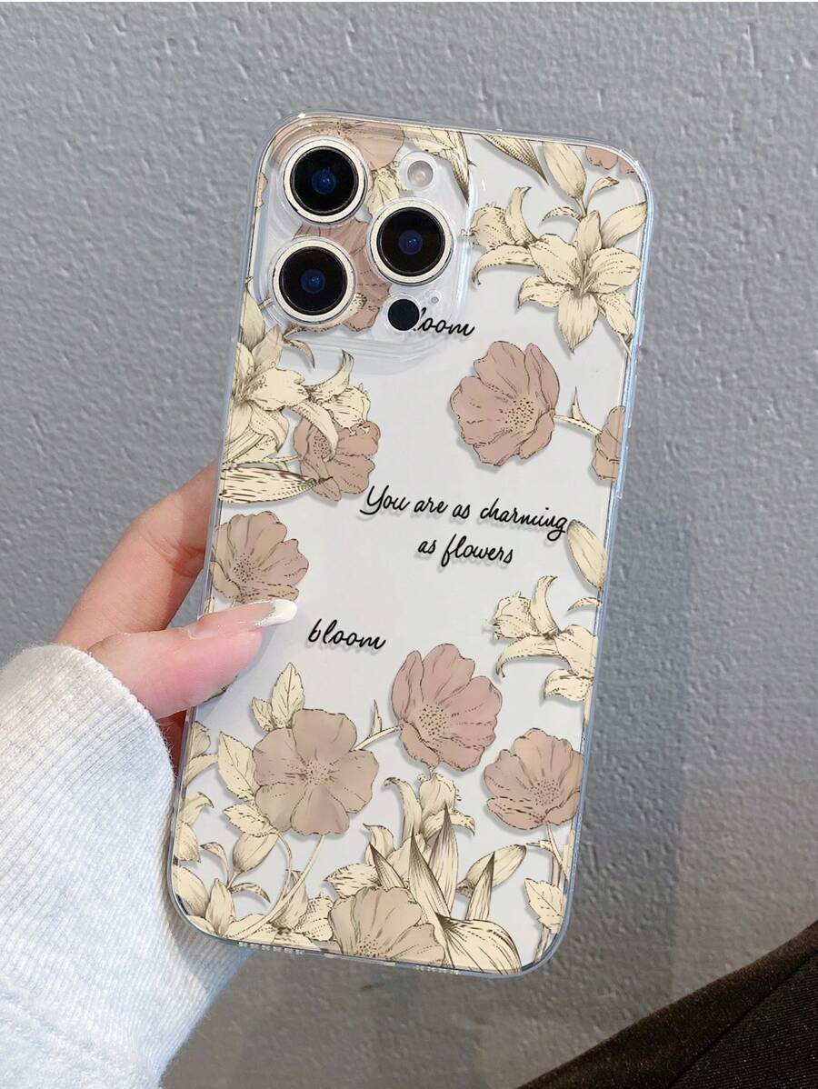 1pc Floral Print Transparent Soft TPU Phone Case, Anti-Fall Anti-Scratch Anti-Fingerprint, Camera Lens Protection, Compatible With Apple, Nothing, Pixel, INFINIX, Redmi