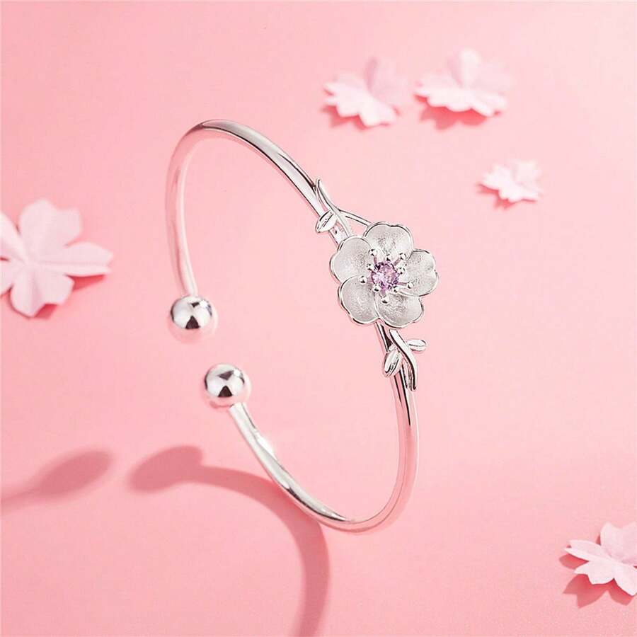 1 pulseira minimalista estilo coreano com zircônia e flor incrustada, design aberto, moderna