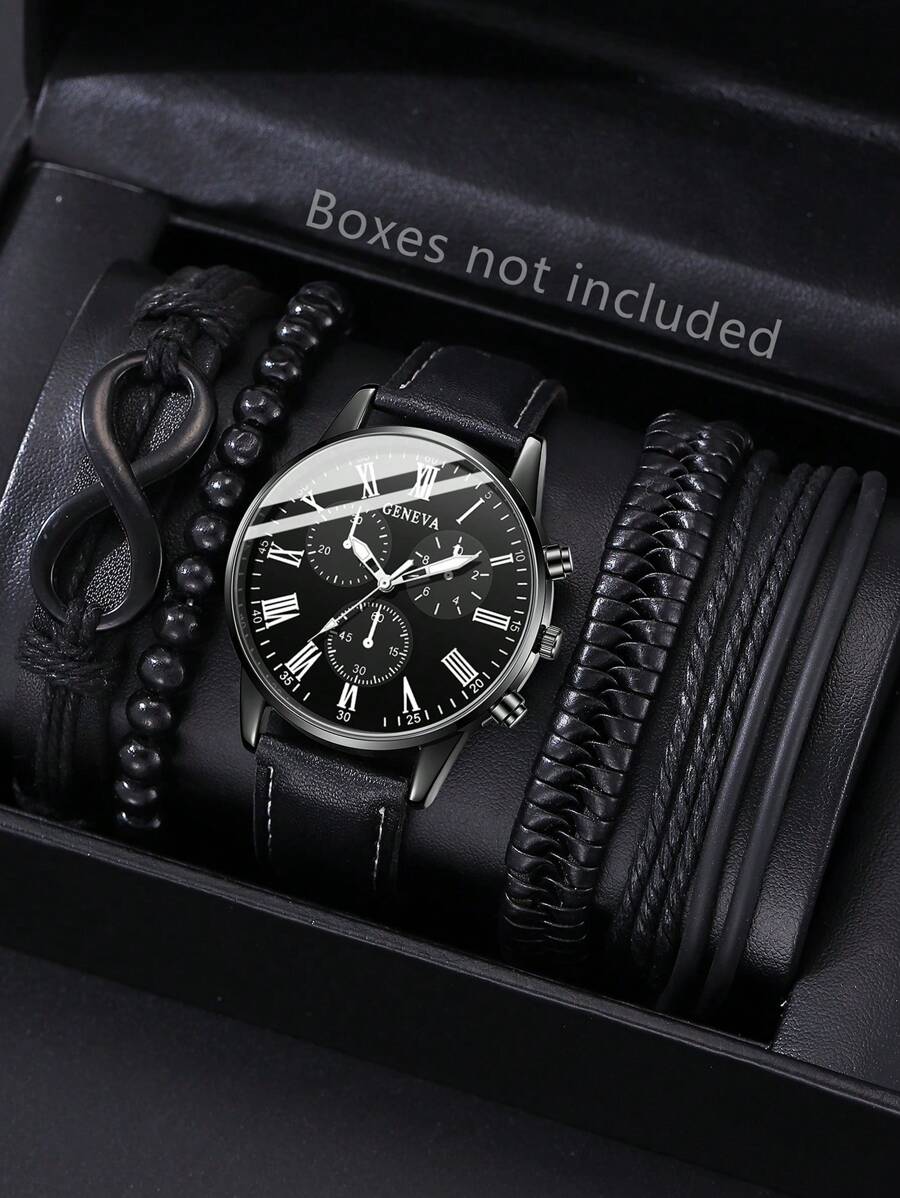 5PCS Black PU Leather Strap Men's Watch Set Business Fashion Quartz Watch Bracelet Set Suitable For Daily Clothing Matching Perfect Holiday Gift