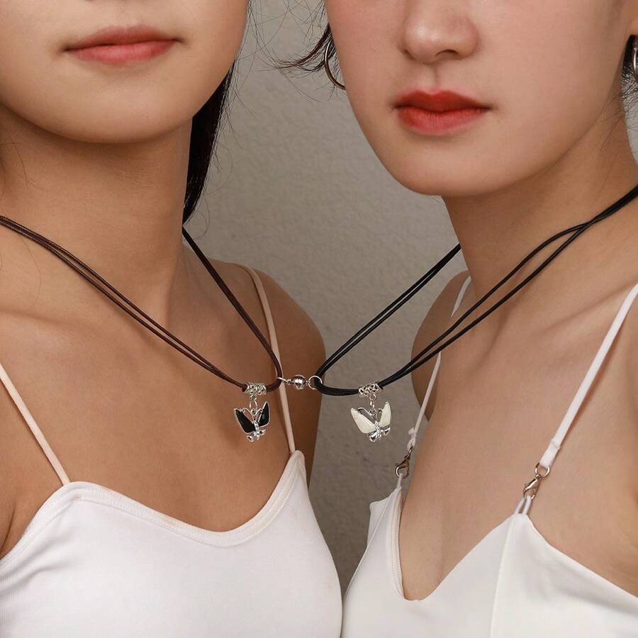 2 Stücke einfaches Bestes Freunde Paar Schwarz & Weiß Schmetterling Leder Kordel Magnetketten Set