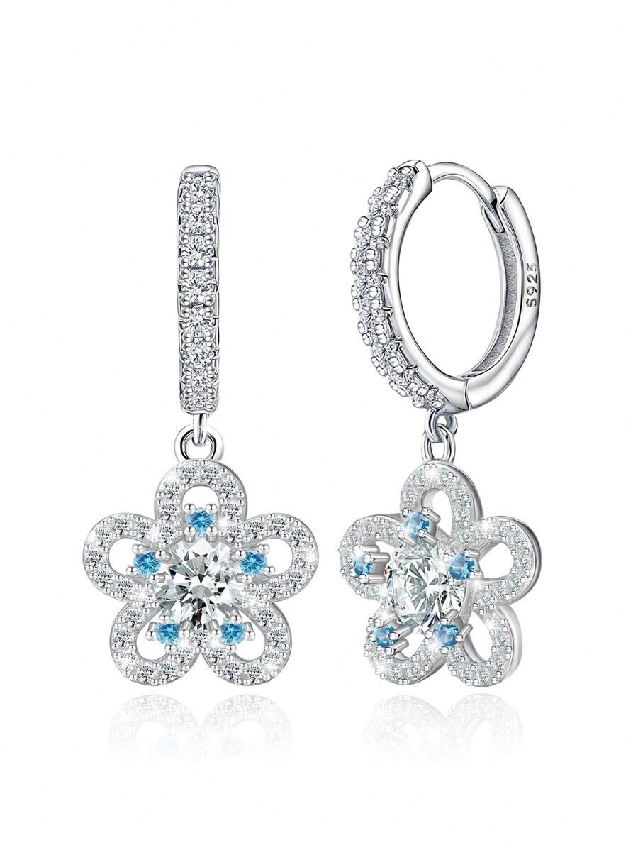 Boucles d'oreilles mode en argent sterling 925, élégantes boucles d'oreilles pendantes à fleurs en zircone cubique, convenant pour un port quotidien, cadeau d'anniversaire