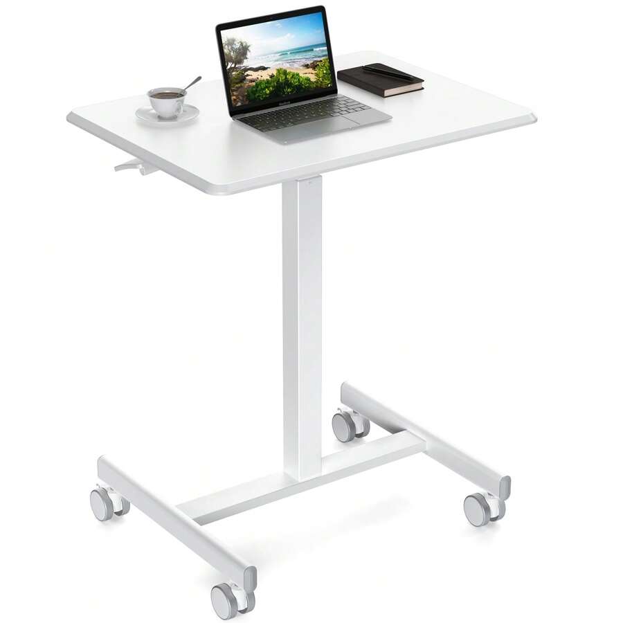Rolling Desk Laptop Cart For Home, Office, Classroom, Bedside Table Mobile Laptop Vertical Desk Adjustable Height, Small Mobile Desk Workstation With Wheels, Portable Rolling Computer Desk Cart (White)