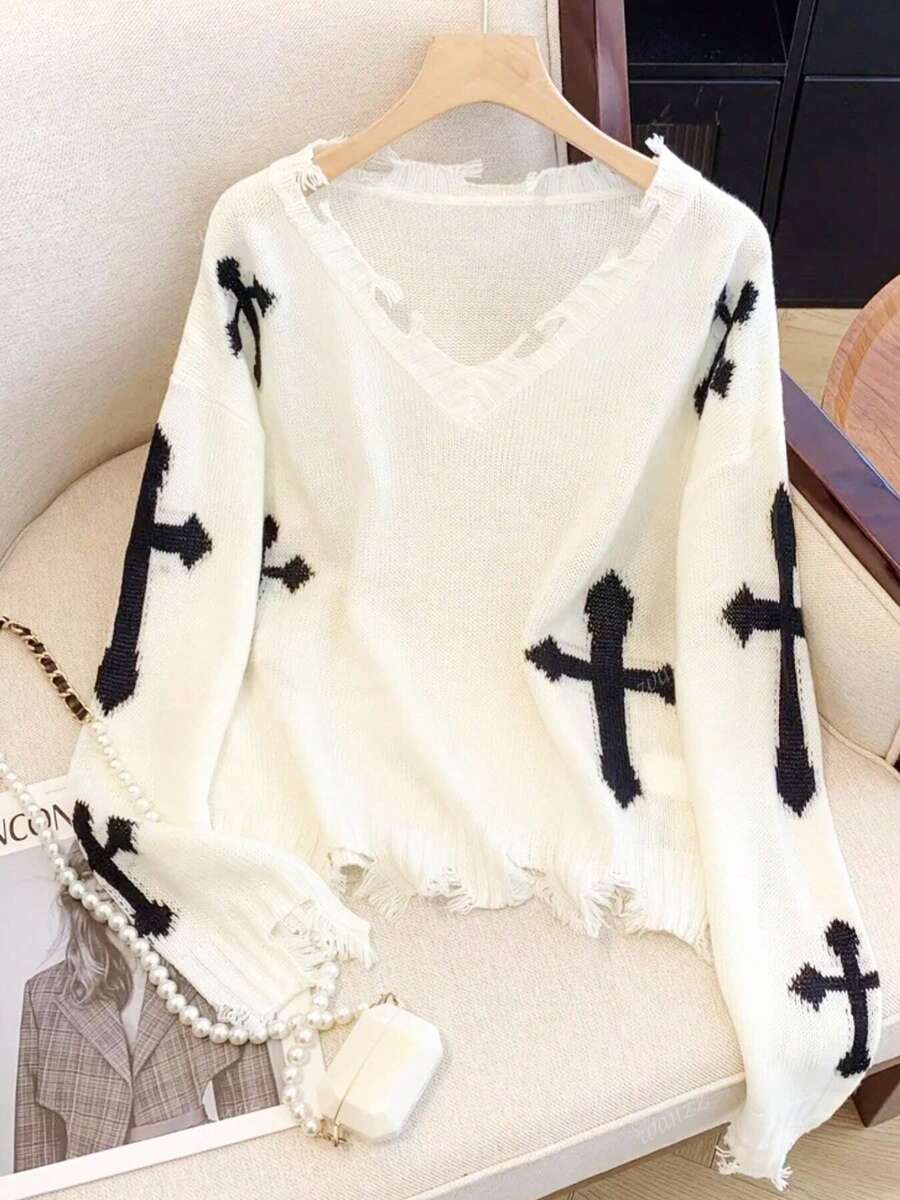 European And American Punk Street Style Cross Design Frayed Plus Size Women Sweater, Elegant Mature Ladies V-Neck Long Sleeve Knit Top