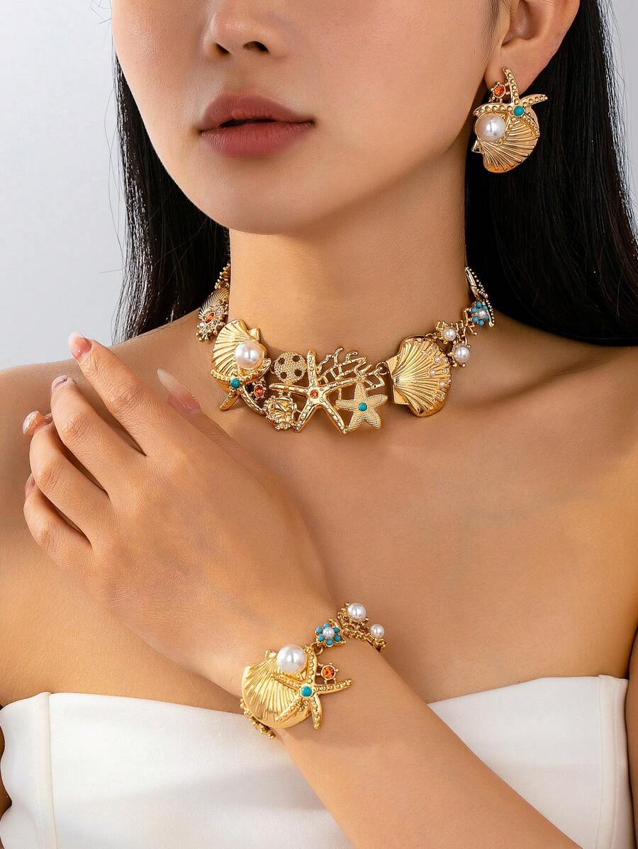 1 Set de elegante joyería de moda: Collar de coral, estrella de mar y concha, pulsera, pendientes con incrustaciones de perlas falsas, rhinestones, joyería bohemia, adecuada para regalos, mujeres, vacaciones y todas las ocasiones