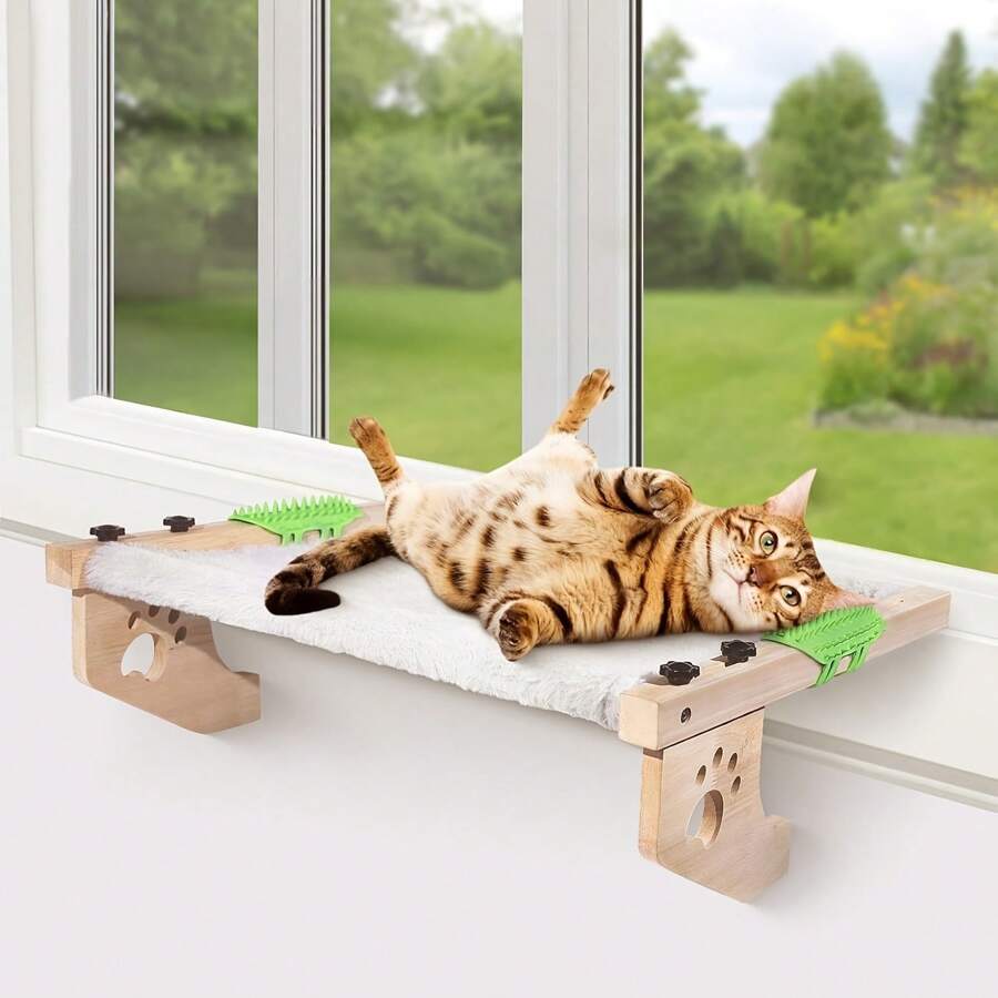 Cat Window Perch, Window Bed For Indoor Cats, Hammock Window Seat With Self Groomer, Wood & Metal Frame, Easy To Adjust & Assemble Cat Windowsill Perch(Medium)
