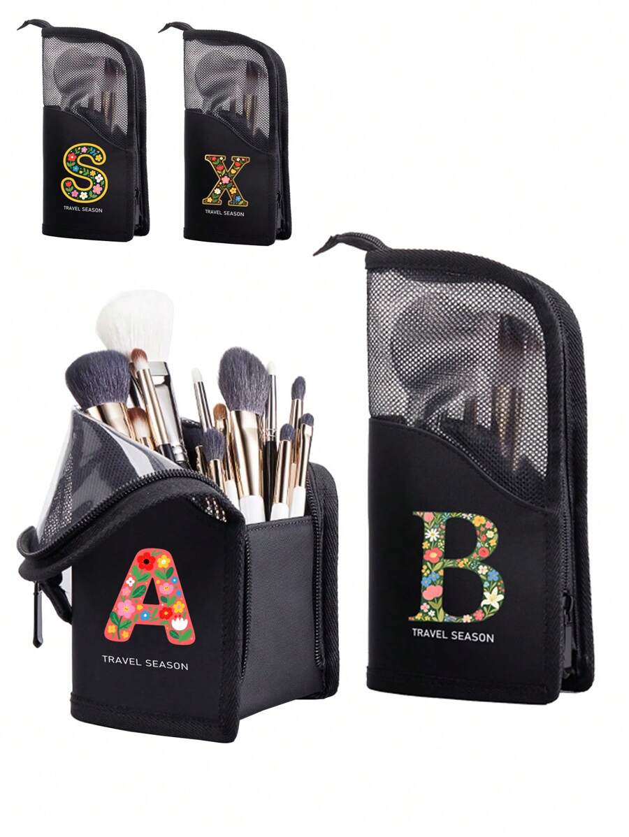 26 Alphabet Letter Pattern Makeup Brush Bag, Women Travel Storage Pouch, Large Capacity Cosmetic Organizer