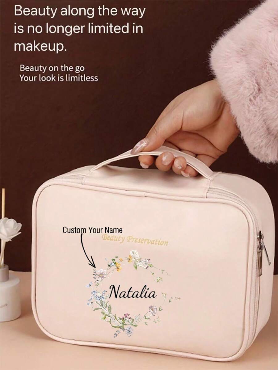 1pc Personalized Floral & Name Design Large Capacity Detachable Makeup Bag, With Free Compartments For Washing & Trimming, Waterproof Portable Organizer Bag With Separate Sections