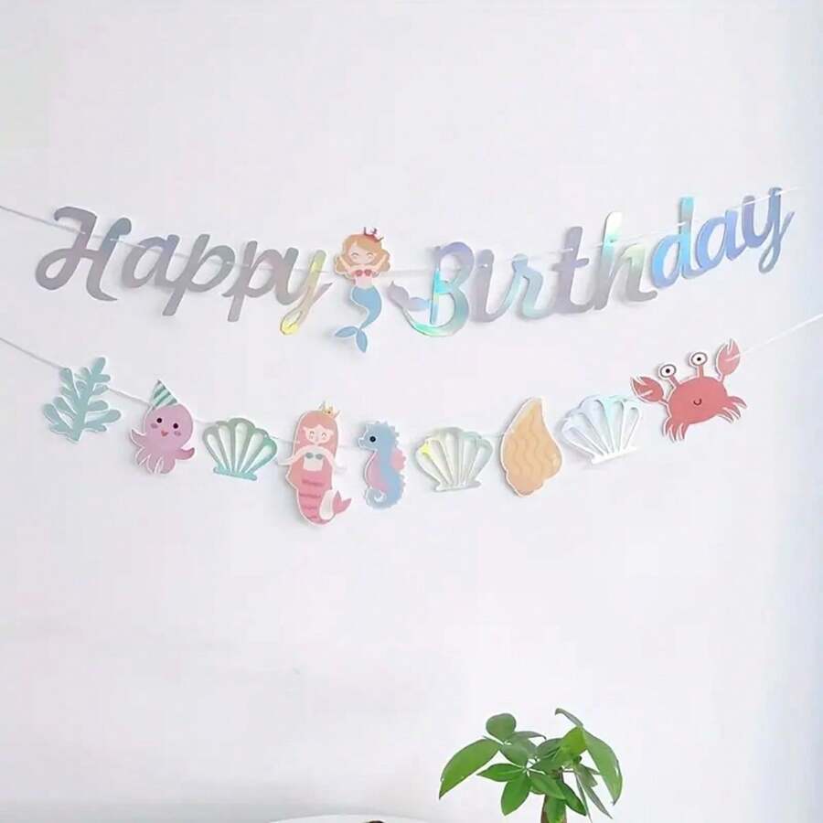 1 Piece Happy Birthday Banner - Mermaid Theme And Car Bear Paper Garland Decorations, No Electricity Required, Generally Used For Party And Home Decoration