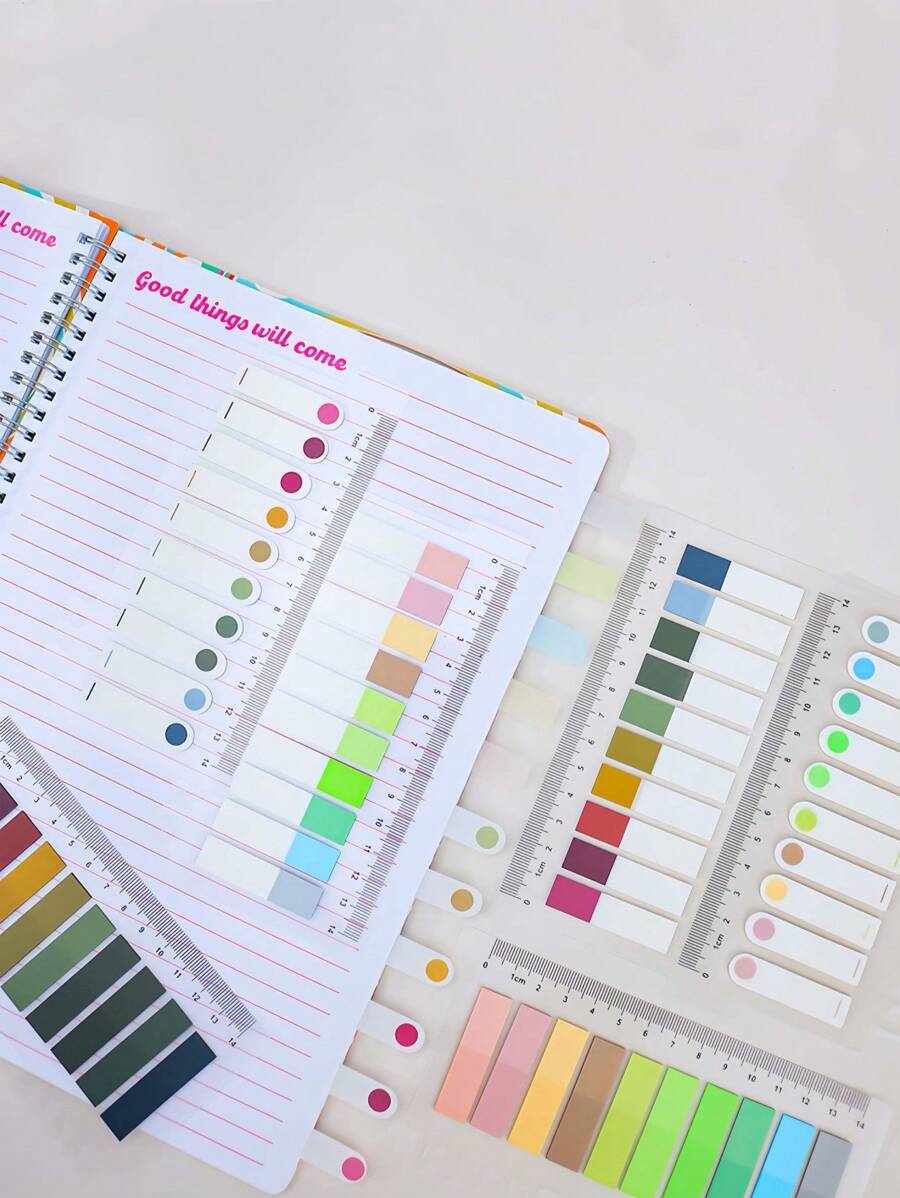 6pcs PET Index Tabs (200 Sheets Per Book, Total 1200 Sheets), Ruler Sticky Notes, Categorization Highlighter Memo Notes, Strong Adhesive Reusable Transparent Ruler Stickers School Supplies, Back To School