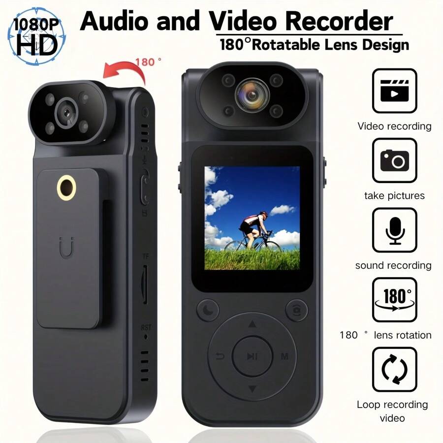 1080P Portable Video Recorder With Rotating Lens, Night Vision, 8-Hour Battery Life - Ideal For Travel, Walking, And Sports, Rechargeable Lithium Polymer Battery, Travel Recording Device | Compact Camera Design | Durable ABS Body, Video Recorder