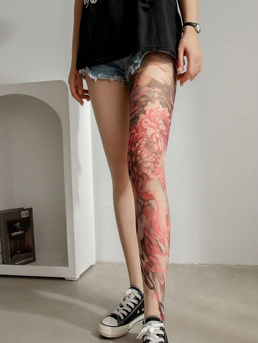1 Pair Of Spring And Summer Flower Legs Stockings 360-Degree Tattoo Printed Socks For Women, High-Quality Colorful Tattoo Domineering Pantyhose