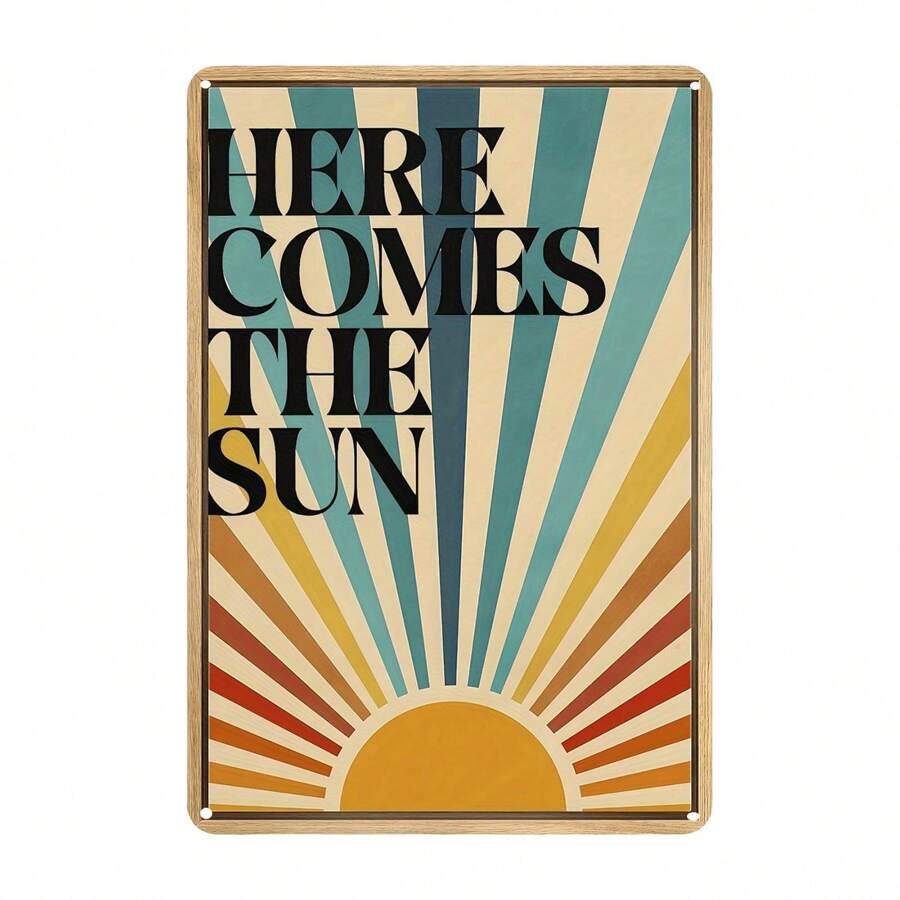 1 pièce Vintage 'Here Comes The Sun' Panneau Métallique, Art Mural Rustique en Fer avec Rayures Colorées pour la Maison, le Bar, la Cuisine, le Jardin, la Salle de Bain, Parfait pour la Décoration de la Pièce