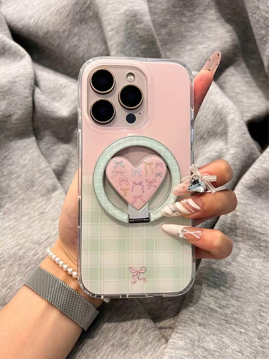 Magnetisches kariertes herzförmiges 360° drehbares Ständer-Etui, für 16/15, passend kompatibel mit Apple 14/13 Pro Max, Doppelschicht Hartschale, süß & frisch, koreanischer Stil, neues Design für den Sommer