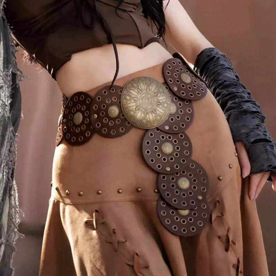 1 pezzo Cintura di stile boho in pelle vintage con decorazioni traforate circolari, da donna, stile western