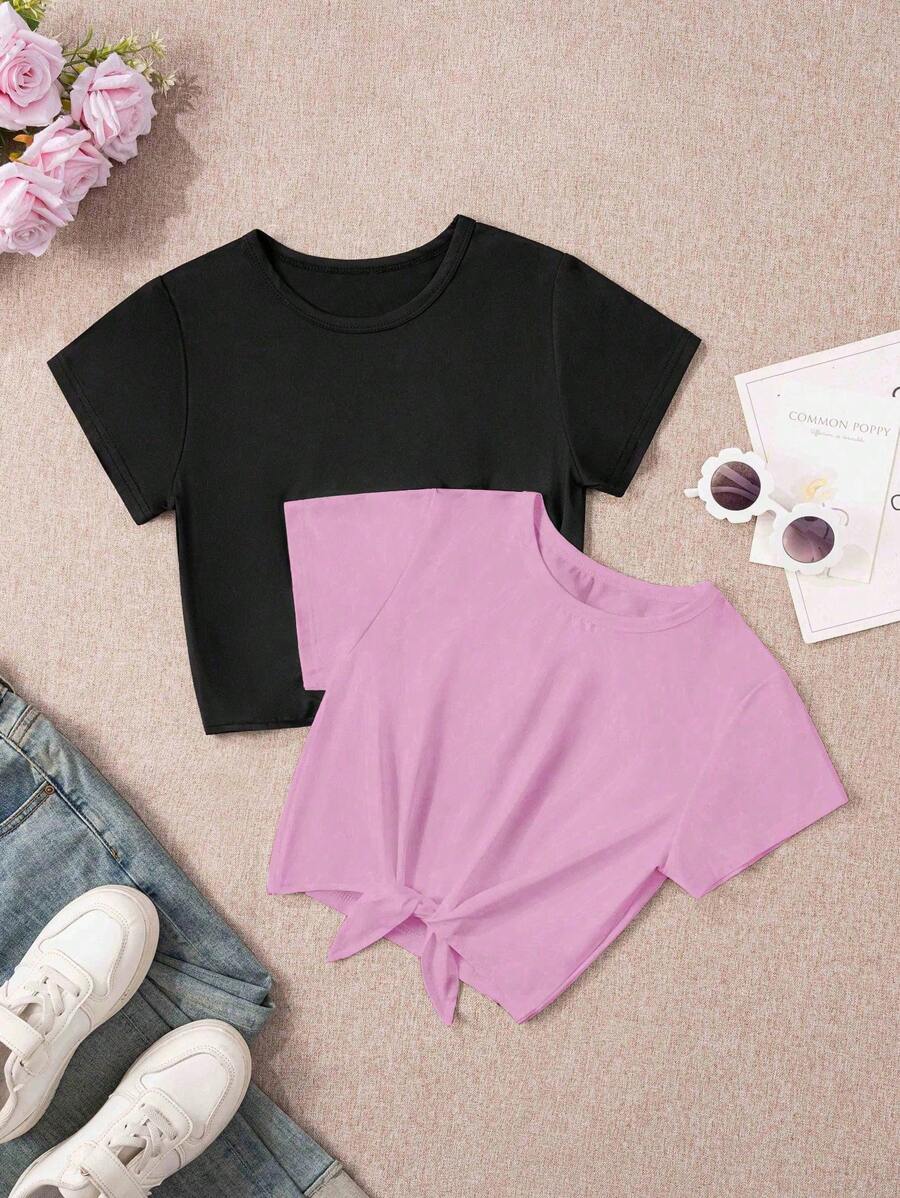 Set de 2 piezas de camiseta de manga corta con lazo delantero informal para niñas y niñas pequeñas