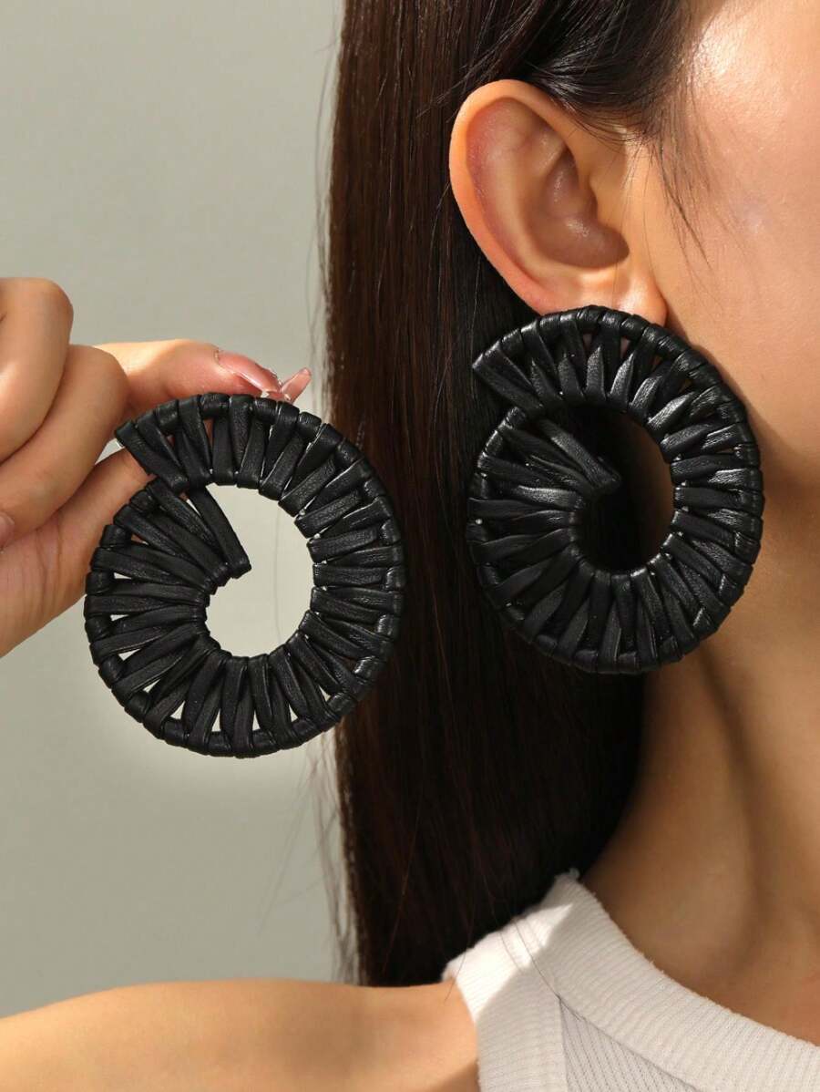 1 par de brincos retangulares e redondos de preto estilo boêmio feitos à mão, estilo exagerado, adequados para uso diário e de férias (feitos à mão, o tamanho pode variar)