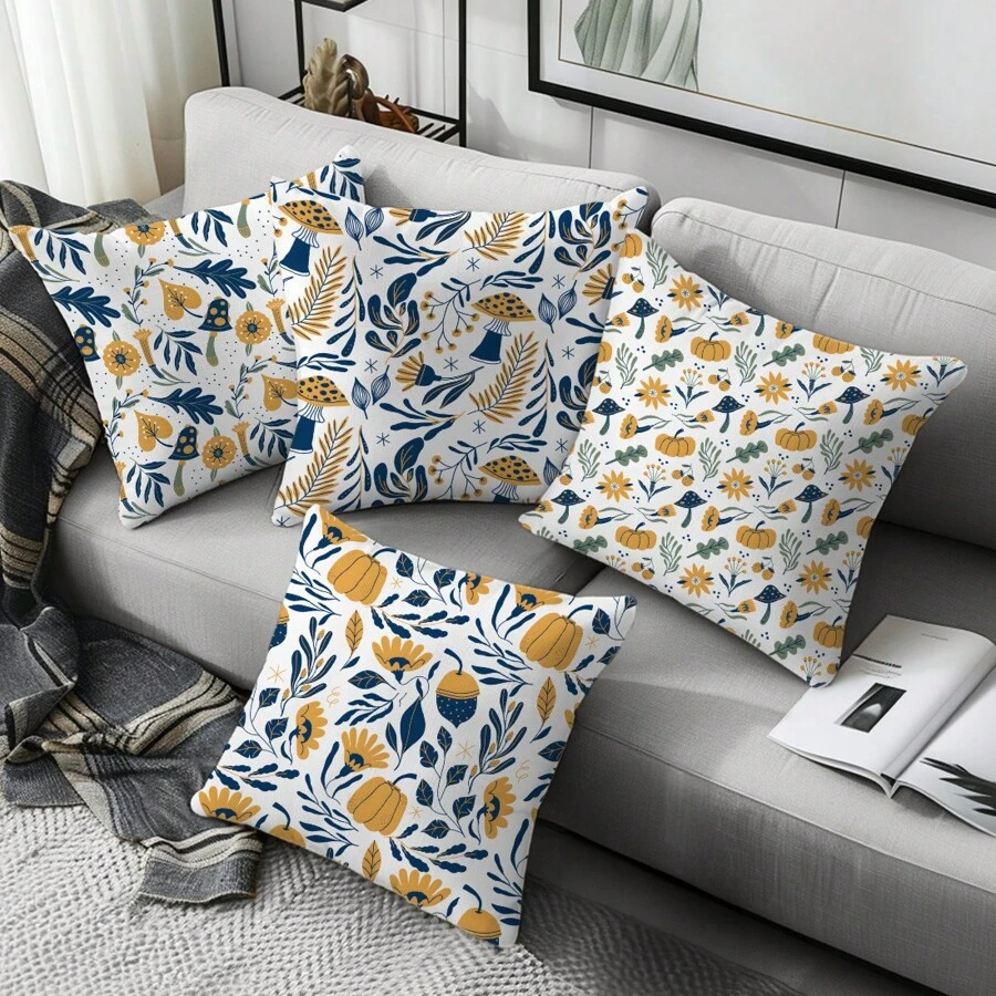 4pcs Leaf, Pumpkin, Mushroom Illustration Cushion Cover Set, Soft Peach Velvet Material, 45*45CM Single-Sided Print, Suitable For Home, Bedroom, Living Room, Sofa, Decorative Pillow Cover, Gift