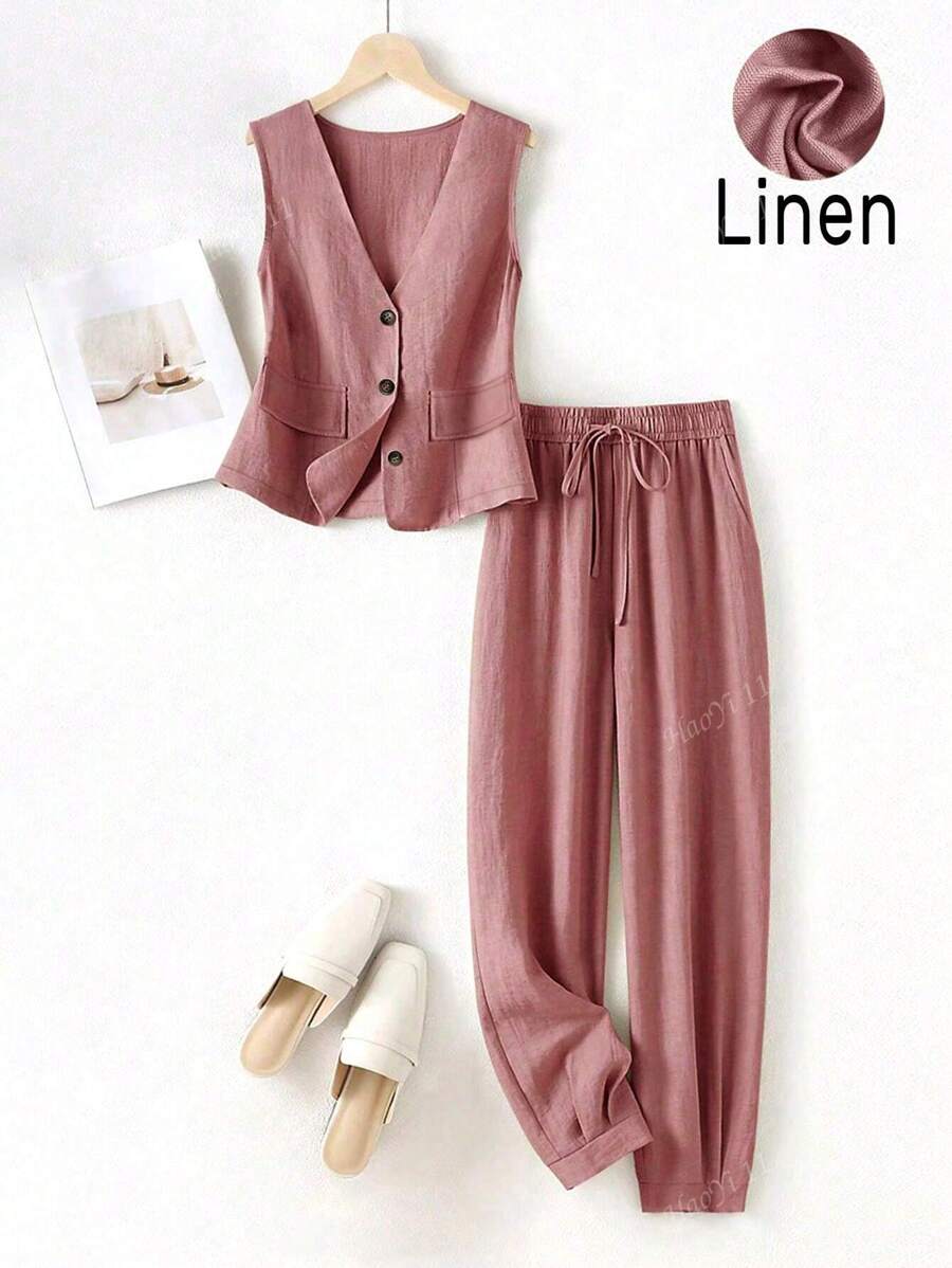 Set di camicia e pantaloni casual in lino da donna, adatto per vacanze primavera/estate