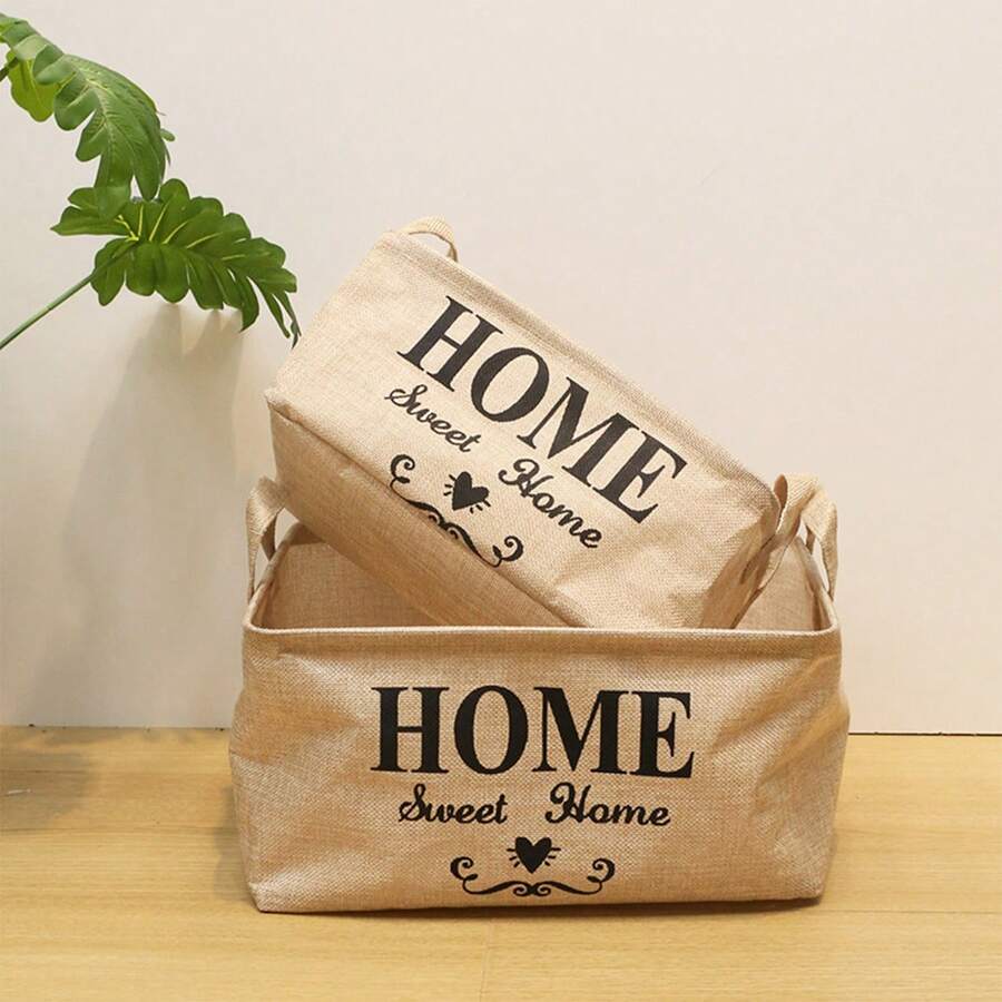 Imitation Linen Artistic Style Alphabet Printed Desktop Small Basket, Storage Box For Miscellaneous Items, Foldable Waterproof Coating,Back To School,School Supplies