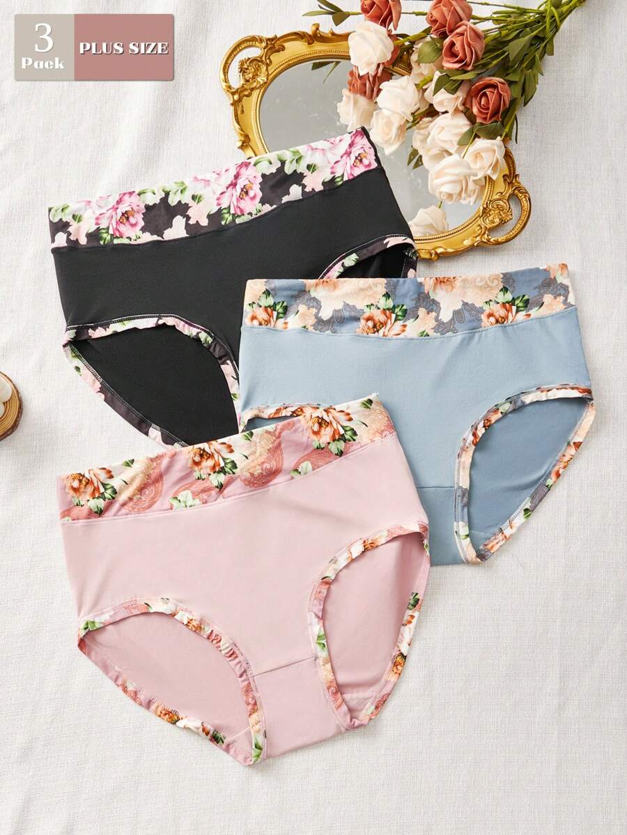 Juego de 3 prendas interior de mujer de talle alto con estampado, cómodos calzoncillos triangulares de talla grande para mujeres