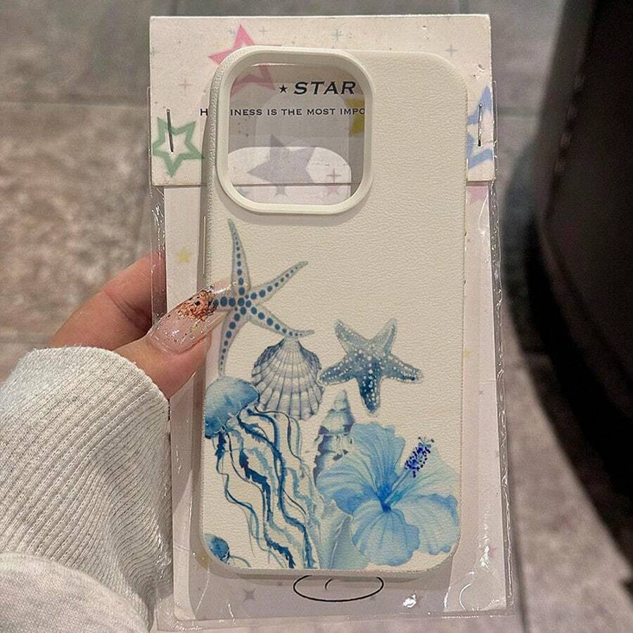 1 pieza Funda para teléfono celular con patrón de estrella de mar, flor y medusa de material de TPU azul compatible con teléfonos Redmi