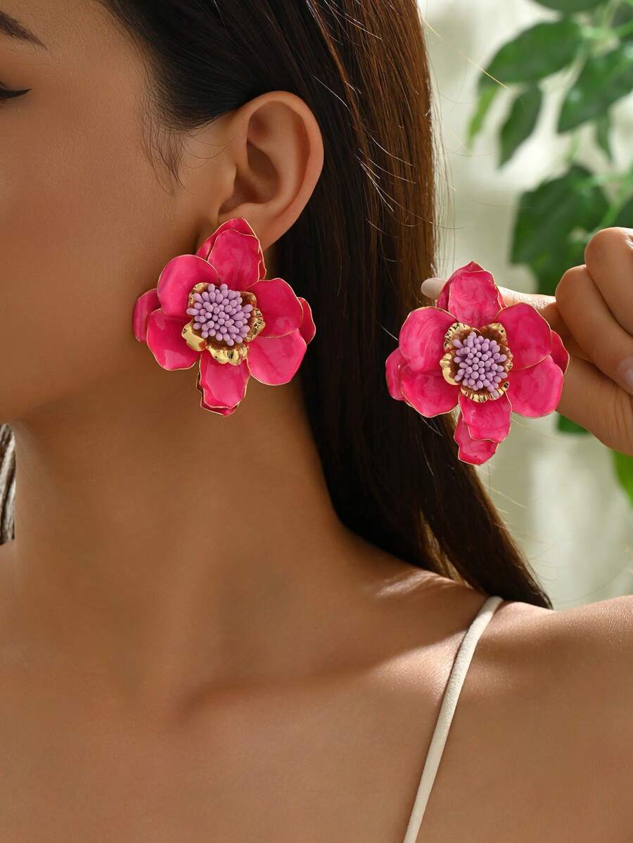 1 Pair Elegant Floral Earrings, Sweet & Fresh And Simple Style, Versatile High-End Exquisite Pink Flower Earrings, Retro Camellia Earrings, Suitable For Women To Wear Casually And On Vacation
