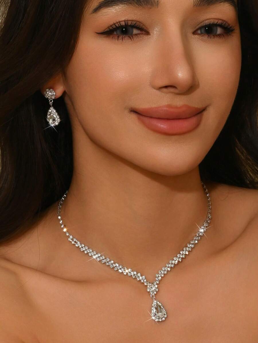 Set de 3 piezas de collar con colgante de gota de agua minimalista y aretes, conjunto de joyería nupcial, accesorios para mujeres para boda, fiesta y baile
