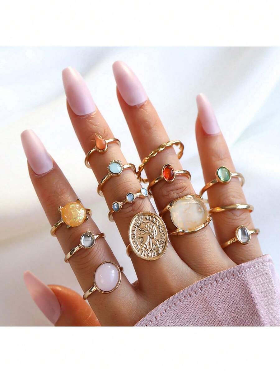 13 pièces/set Bagues avec portraits incrustés de cristaux, bagues jelly de couleur baroque créative pour femmes, convient pour les fêtes, les cadeaux, le port quotidien
