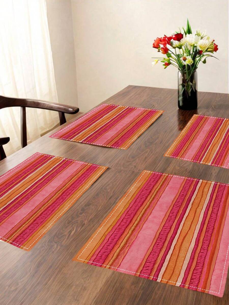 4 peças de jogos americanos de linho listrados rosa e laranja vintage, jogos americanos retangulares com bordas decorativas para sala de jantar, cozinha e festa