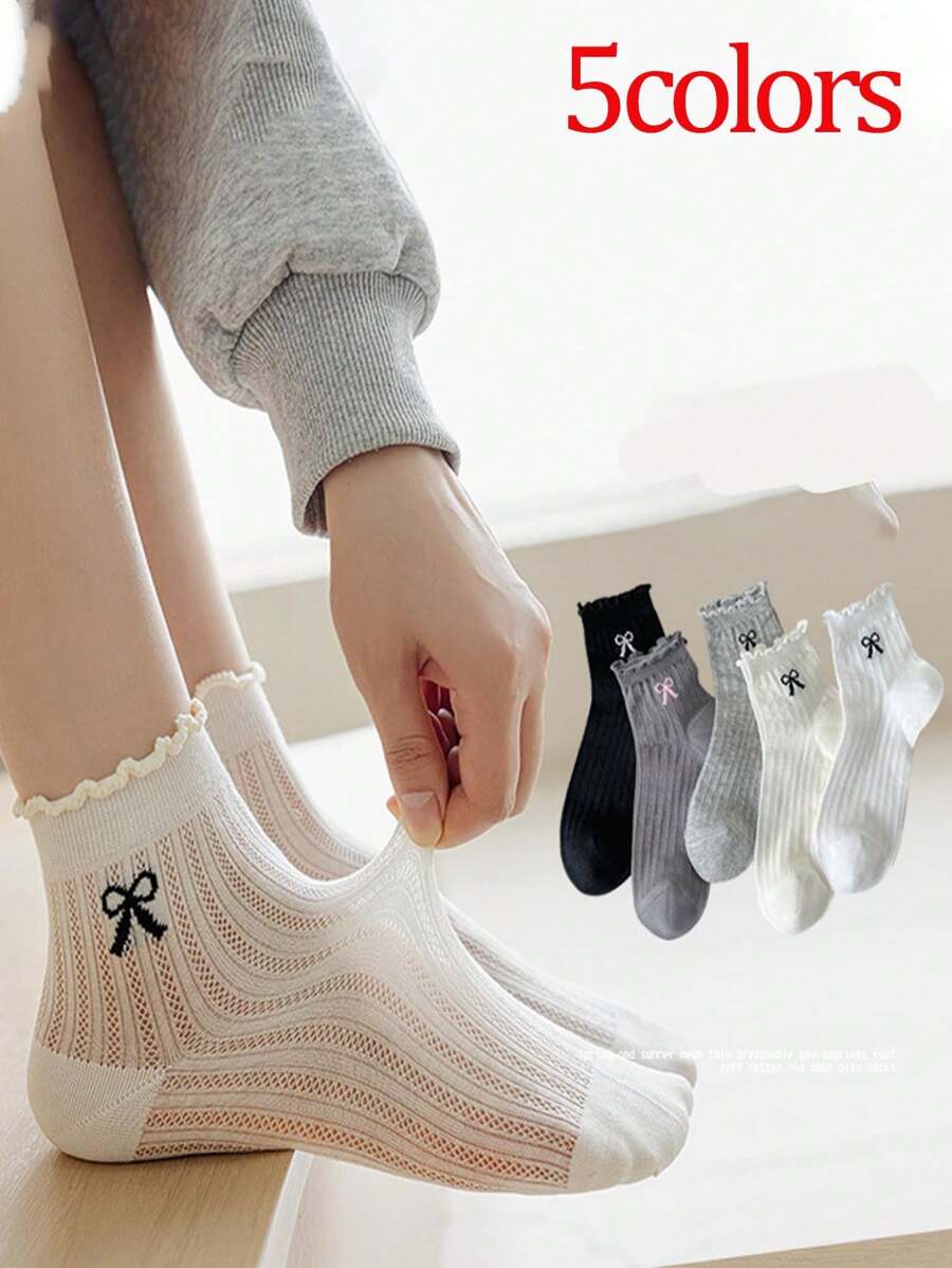 5 pares de calcetines de algodón fino hasta la rodilla para mujer con diseño de lazo, para primavera y verano