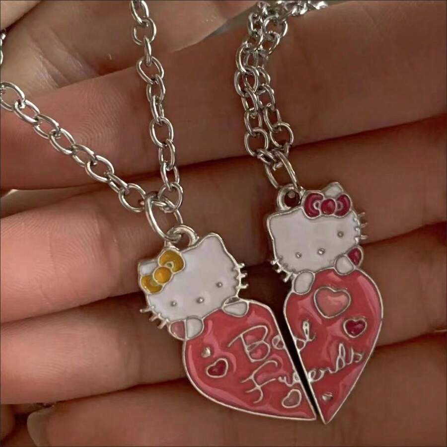 Sanrio 1 Stück Kitty Katzen Patchwork Herz Legierung Halskette - einzigartiger Modeschmuck für Frauen, Männer, Paar und Freunde - Alltags- und Feiertagsaccessoire