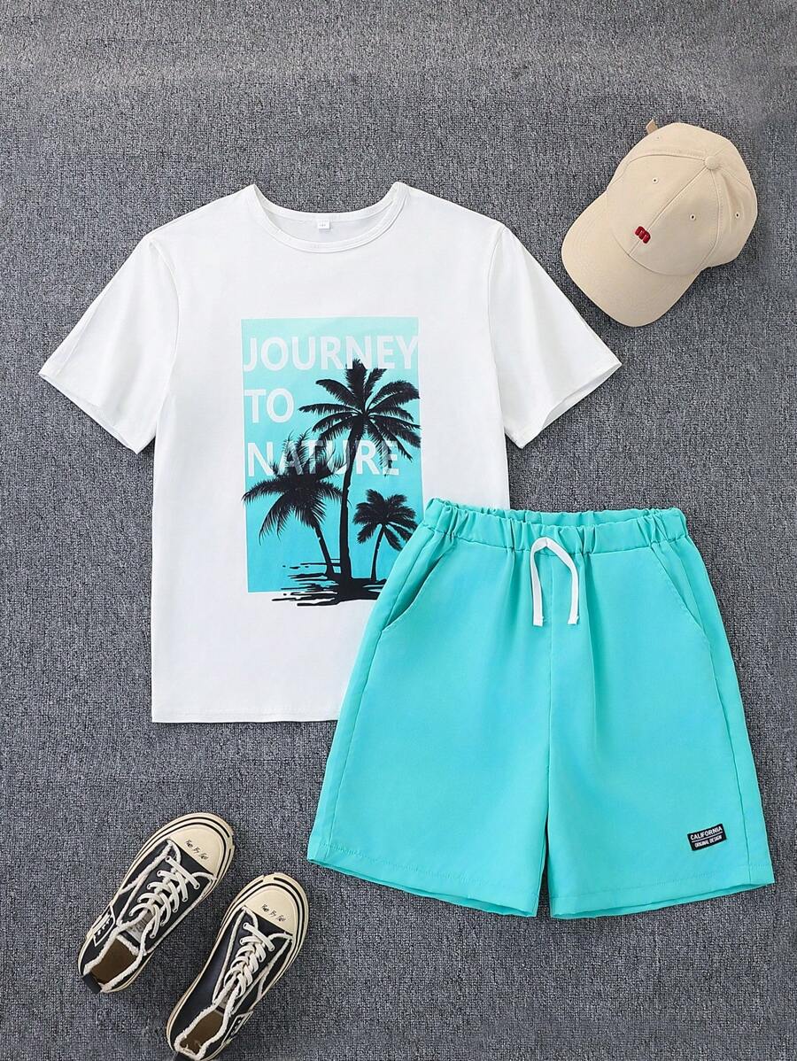 2pcs/Set Teen Boy Casual Coconut Tree Slogan Graphic Tee And Solid Shorts Set, Suitable For Vacation, All-Match Sporty, Summer
