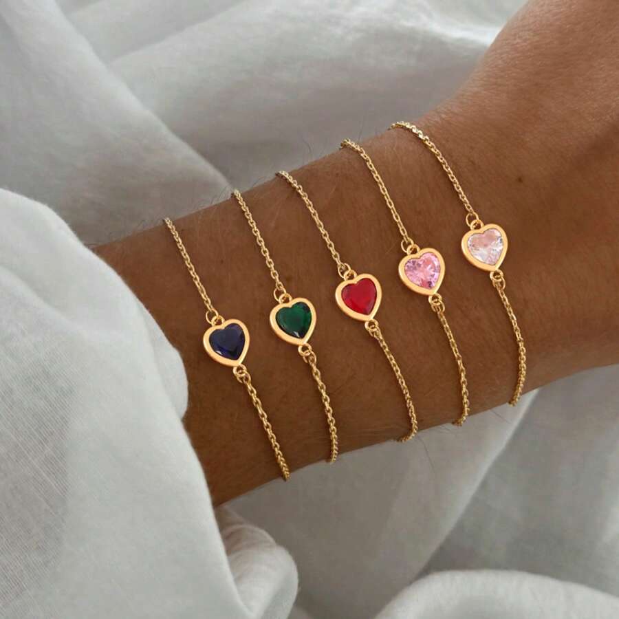 1 pièce Bracelet classique en acier inoxydable doré avec chaîne et cristal de couleur artificiel en forme de cœur pour femmes