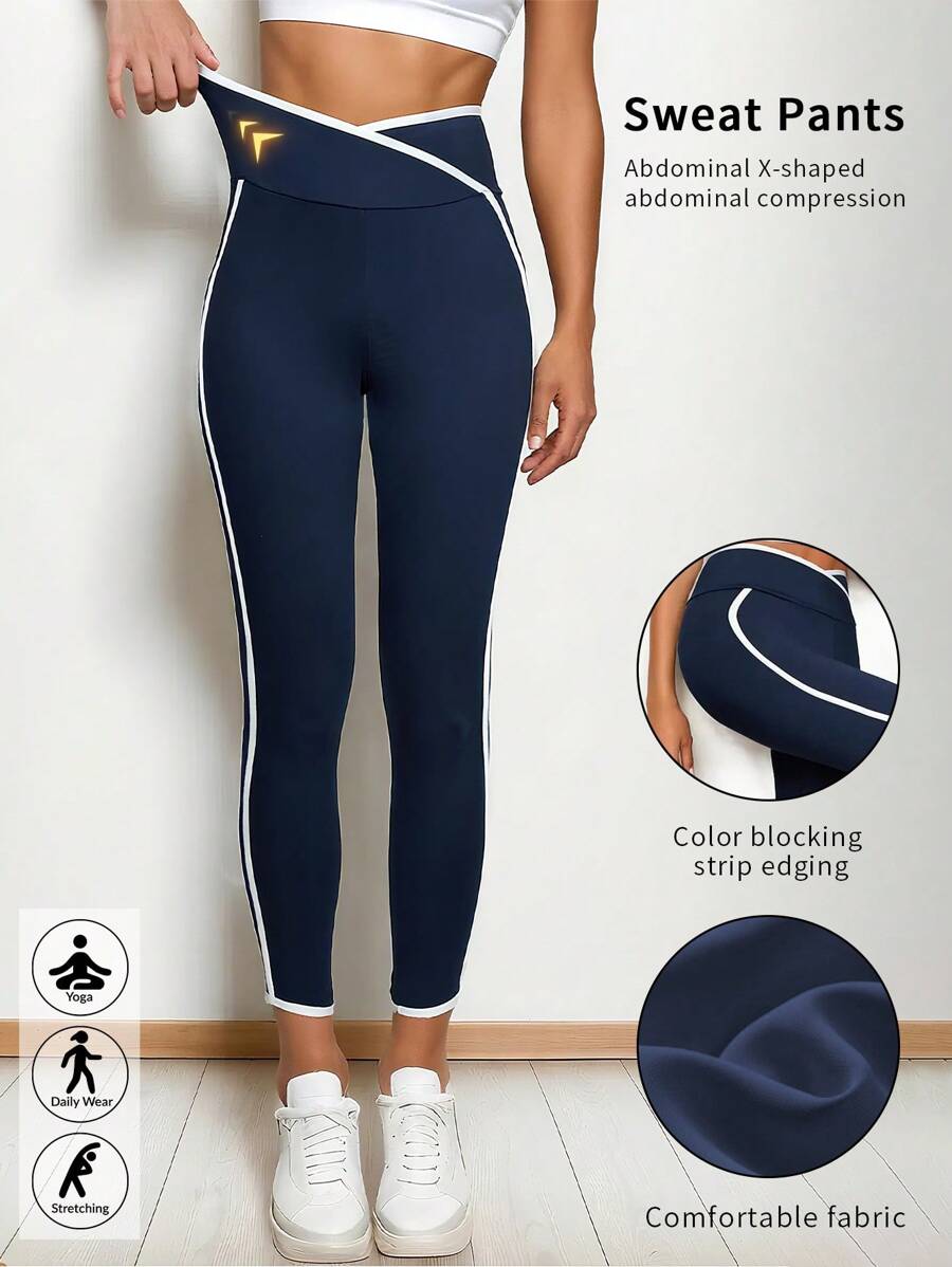 1pc Women's Contrast Color Stripe Yoga Pants, High Waisted, Tummy Control, Butt Lifting, Smoothing, Workout, Gym, Running Leggings