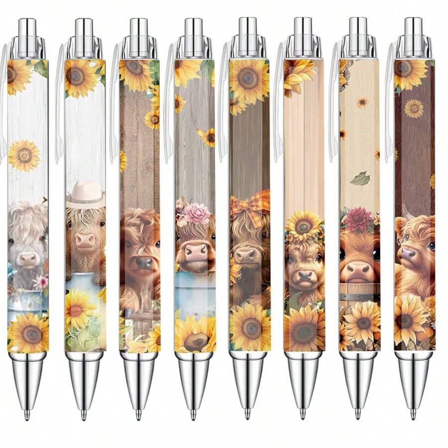 8 pezzi Penne retrattili con stampe di mucche delle Highlands carini, punta media, corpo in plastica, forniture decorative per scuola e ufficio, cancelleria con illustrazioni colorate | Disegno giocoso, forniture scolastiche, ritorno a scuola