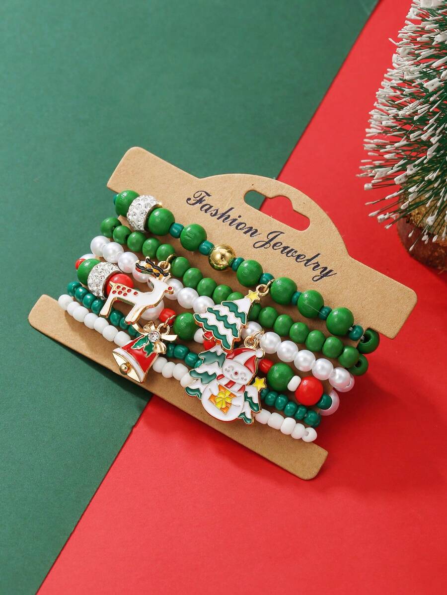 6pcs/Set Fashionable Christmas Bracelets With Pearl, Resin, Cubic Zirconia, Stainless Steel Deer, Christmas Tree, Snowflake, Snowman Charms, Handmade Beaded Bracelets Set For Women, Daily Wear, Holiday Party, Gift