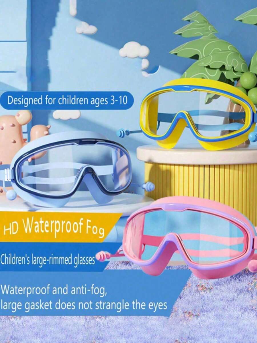 1 pieza Gafas de natación antivaho HD con marco grande para niños de 3 a 10 años, resistentes al agua, transparentes y cómodas, sin estrangulamiento de ojos, gafas de una sola pieza con tapones de silicona, adecuadas para natación y buceo infantil