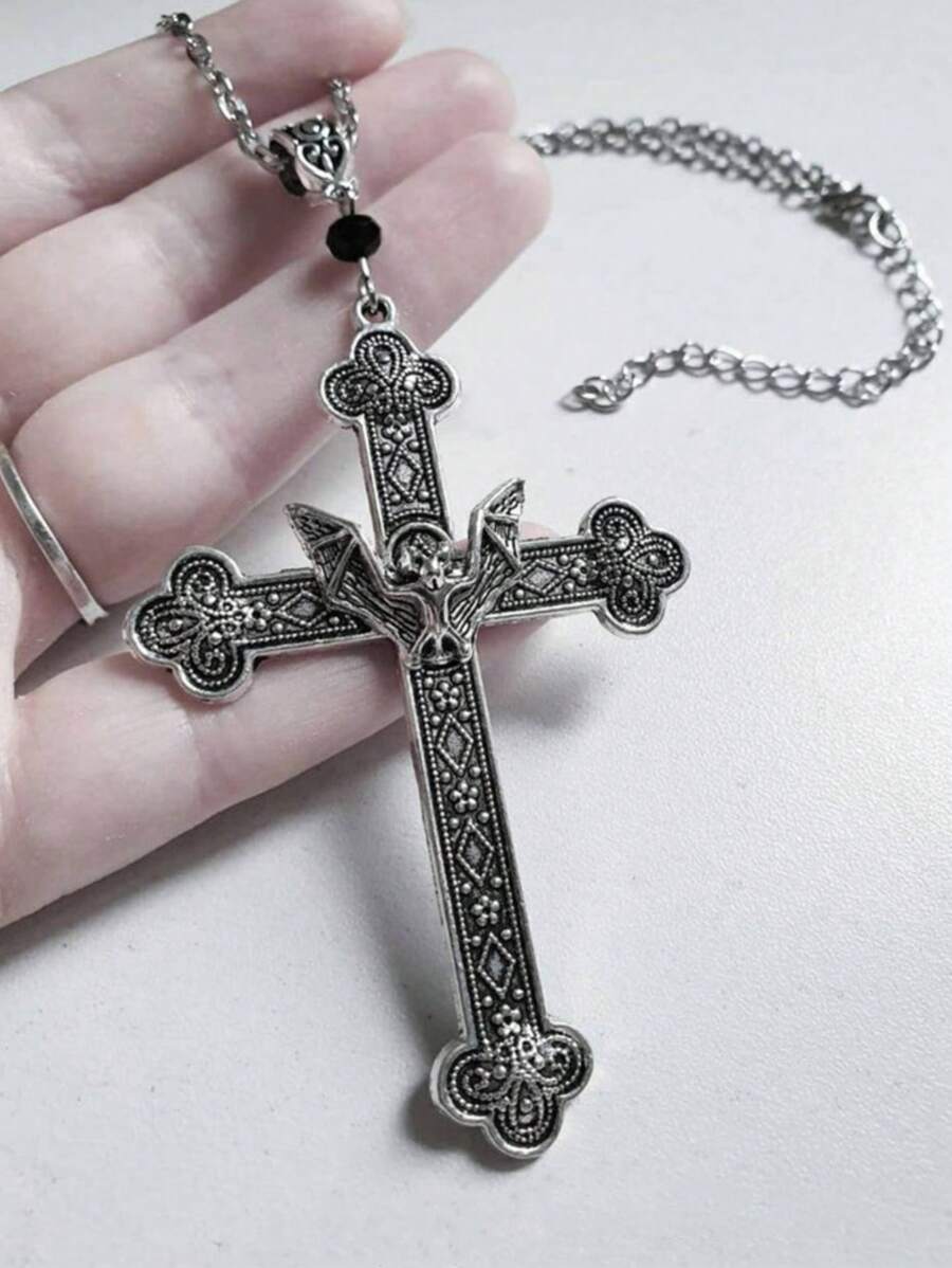 1 Stück Retro Fledermaus Kreuz Gotik Stil Metall Silberfarben Halskette Anhänger, geeignet für besondere Anlässe, Partys und Veranstaltungen