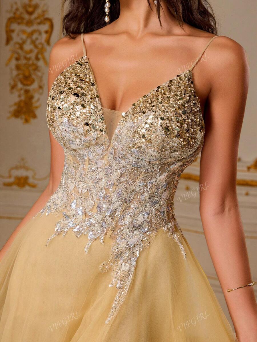 VIPGIRL Vestido de gala de tul con lentejuelas dorado champán, vestido de noche con tirantes finos brillantes, vestido formal con abertura, vestido maxi escote corazón para mujer, vestido de fiesta glamoroso, atuendo para graduación y gala