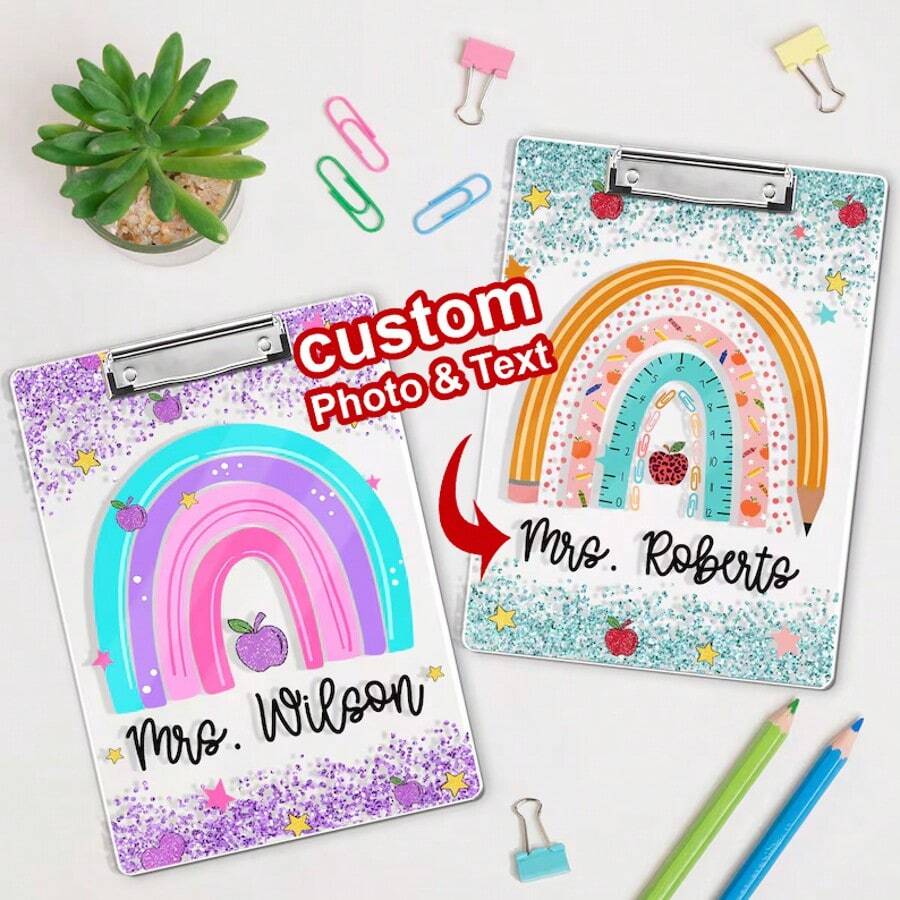 1pc Personalized Teacher Appreciation Gifts, Custom Rainbow Clipboard, Teacher Name Clipboard, Back To School, End Of Year School Gift,Monogram Teacher Clipboards,Cute Classroom Accessory